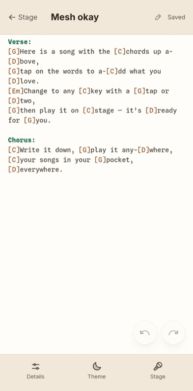 The aChordion song editor showing a song with chords highlighted inline above the lyrics