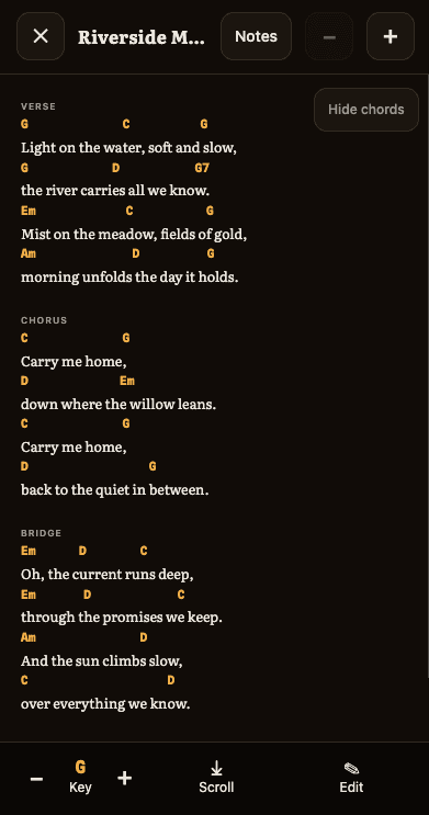 Full-screen stage view of a song with large chords above the lyrics, scrolling itself hands-free