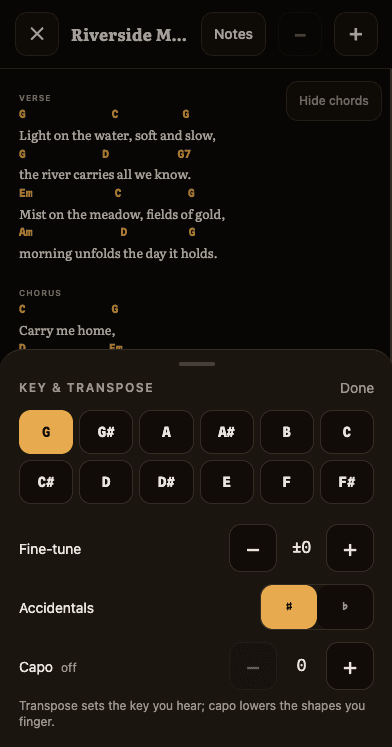 The key and transpose sheet with a piano-style key picker and capo control, the chords changing key live